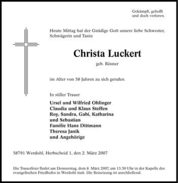 Traueranzeige von Christa Luck von Tageszeitung