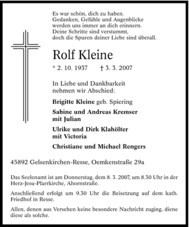  Traueranzeige für Rolf Kleine vom 05.03.2007 aus Tageszeitung