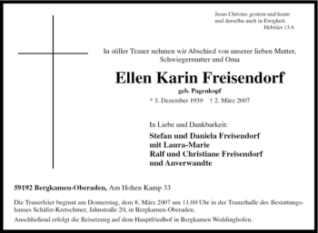 Traueranzeige von Ellen Karin Freisendorf von Tageszeitung