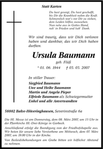 Traueranzeige von Ursula Baumann von Tageszeitung