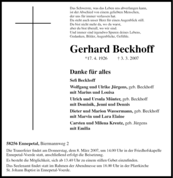Traueranzeige von Gerhard Beckhoff von Tageszeitung