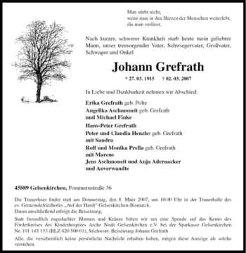 Traueranzeige von Johann Grefrath von Tageszeitung