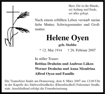 Traueranzeige von Helene Oyen von Tageszeitung