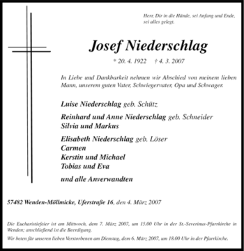 Traueranzeige von Josef Niederschlag von Tageszeitung