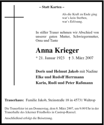 Traueranzeige von Anna Krieger von Tageszeitung
