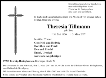 Traueranzeige von Theresia Tillmann von Tageszeitung