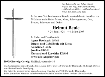 Traueranzeige von Helmut Beule von Tageszeitung
