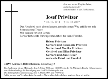 Traueranzeige von Josef Priwitzer von Tageszeitung