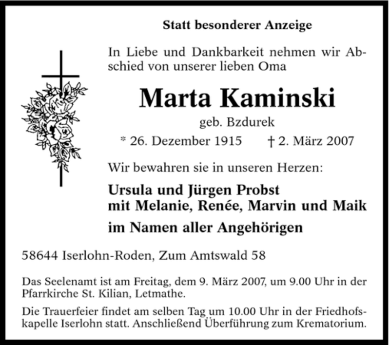  Traueranzeige für Marta Kaminski vom 05.03.2007 aus Tageszeitung