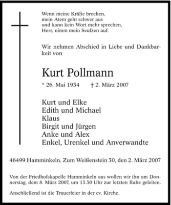Traueranzeige von Kurt Pollmann von Tageszeitung
