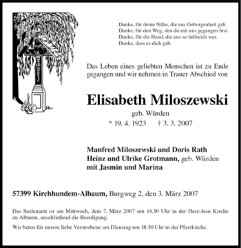 Traueranzeige von Elisabeth Miloszewski von Tageszeitung