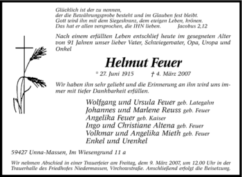 Traueranzeige von Helmut Feuer von Tageszeitung