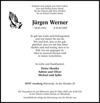 Traueranzeige von Jürgen Werner von Tageszeitung