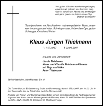 Traueranzeige von Klaus Jürgen Thielmann von Tageszeitung