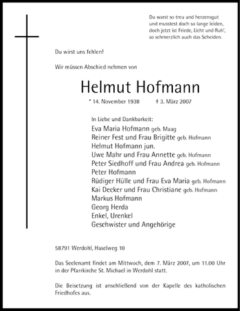Traueranzeige von Helmut Hofmann von Tageszeitung