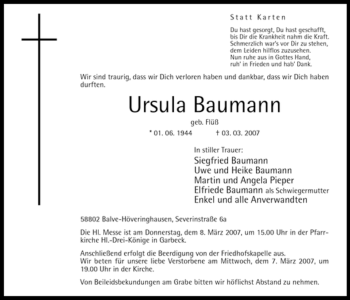 Traueranzeige von Ursula Baumann von Tageszeitung