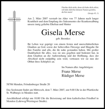 Traueranzeige von Gisela Merse von Tageszeitung