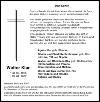 Traueranzeige von Walter Kur von Tageszeitung