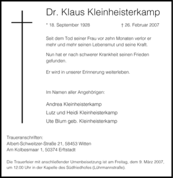 Traueranzeige von Klaus Kleinheisterkamp von Tageszeitung