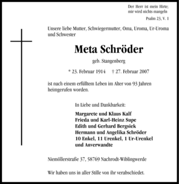 Traueranzeige von Meta Schröder von Tageszeitung