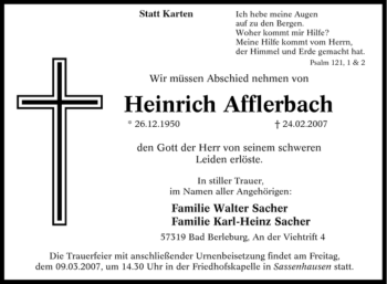 Traueranzeige von Heinrich Afflerbach von Tageszeitung