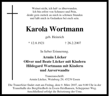 Traueranzeige von Karola Wortmann von Tageszeitung