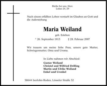 Traueranzeige von Maria Weiland von Tageszeitung