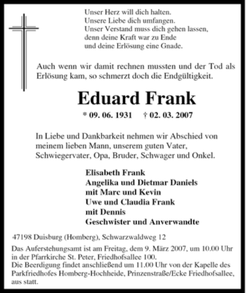 Traueranzeige von Eduard Frank von Tageszeitung