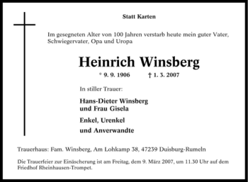 Traueranzeige von Heinrich Winsberg von Tageszeitung