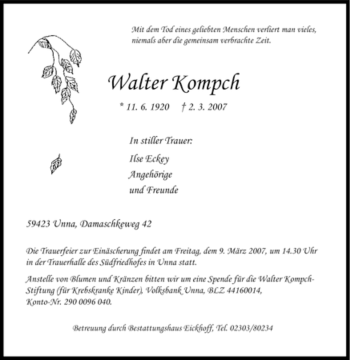 Traueranzeige von Walter Kompch von Tageszeitung