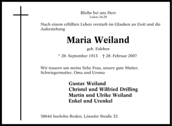 Traueranzeige von Maria Weiland von Tageszeitung