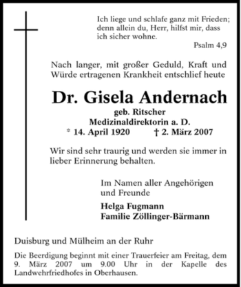 Traueranzeige von Gisela Andernach von Tageszeitung