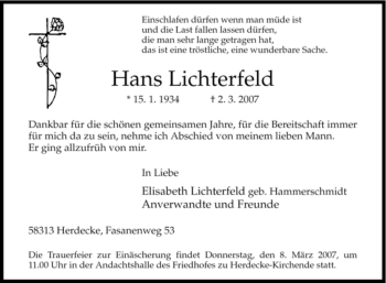 Traueranzeige von Hans Lichterfeld von Tageszeitung
