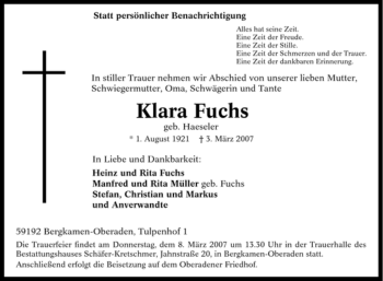 Traueranzeige von Klara Fuchs von Tageszeitung