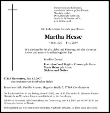 Traueranzeige von Martha Hesse von Tageszeitung