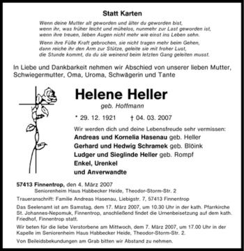 Traueranzeige von Helene Heller von Tageszeitung