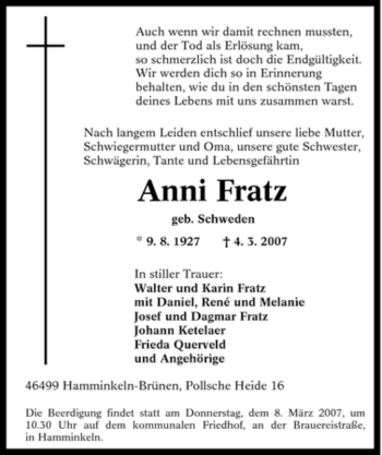 Traueranzeige von Anni Fratz von Tageszeitung