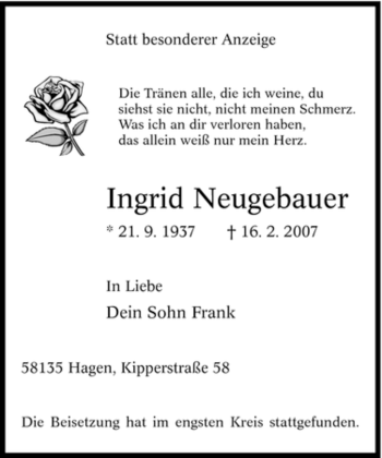 Traueranzeige von Ingrid Neugebauer von Tageszeitung