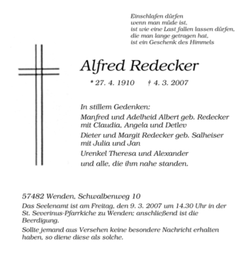 Traueranzeige von Alfred Redecker von Tageszeitung