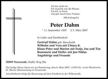 Traueranzeige von Peter Dahm von Tageszeitung