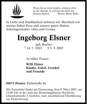 Traueranzeige von Ingeborg Elsner von Tageszeitung