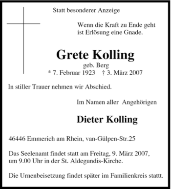 Traueranzeige von Grete Kolling von Tageszeitung