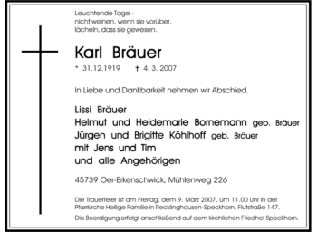 Traueranzeige von Karl Bräuer von Tageszeitung