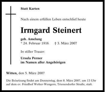 Traueranzeige von Irmgard Steinert von Tageszeitung