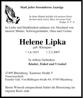 Traueranzeige von Helene Lipka von Tageszeitung
