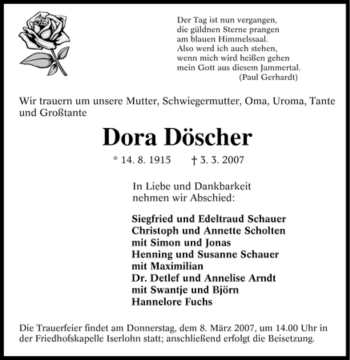 Traueranzeige von Dora Döscher von Tageszeitung