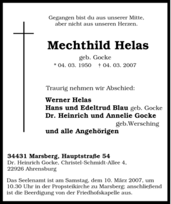 Traueranzeige von Mechthild Helas von Tageszeitung