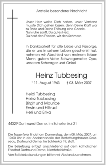 Traueranzeige von Heinz Tubbesing von Tageszeitung
