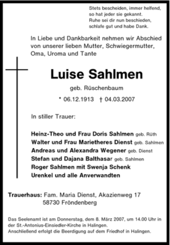 Traueranzeige von Luise Sahlmen von Tageszeitung