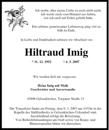 Traueranzeige von Hiltraud Imig von Tageszeitung